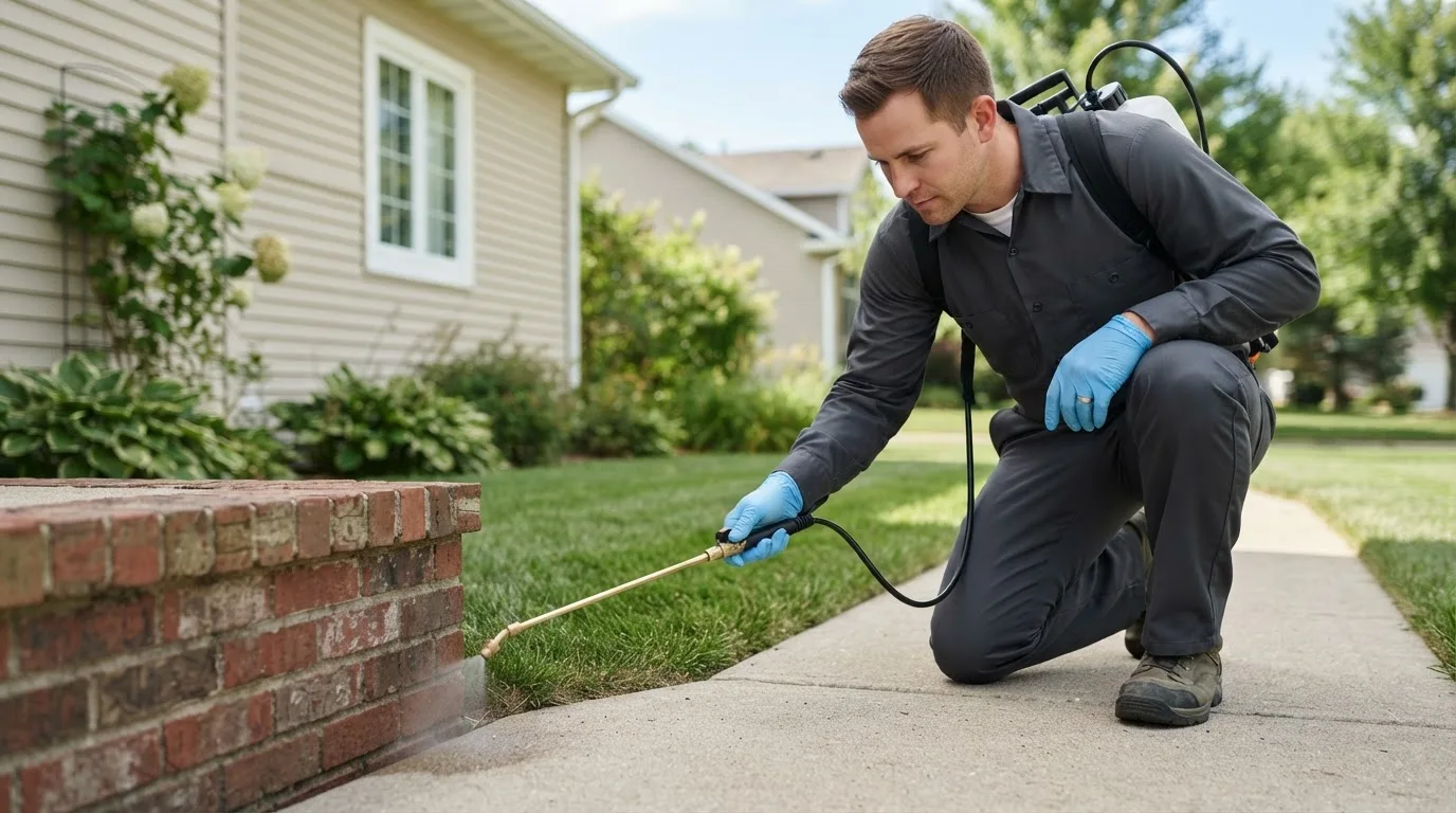 Pest control technician treating a home near Mead, NE