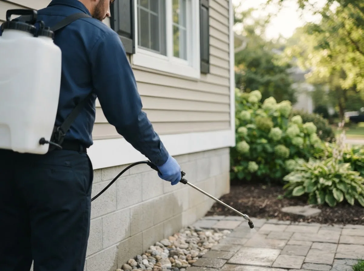 Pest control technician inspecting a home in Mead, NE